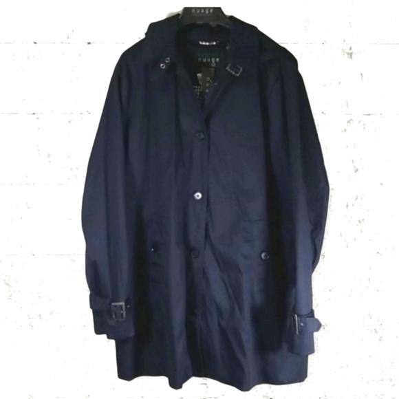 Nuage Ladies Hooded Trench Coat Size 16 Blue Detachable Hood Button Up - Picture 1 of 8
